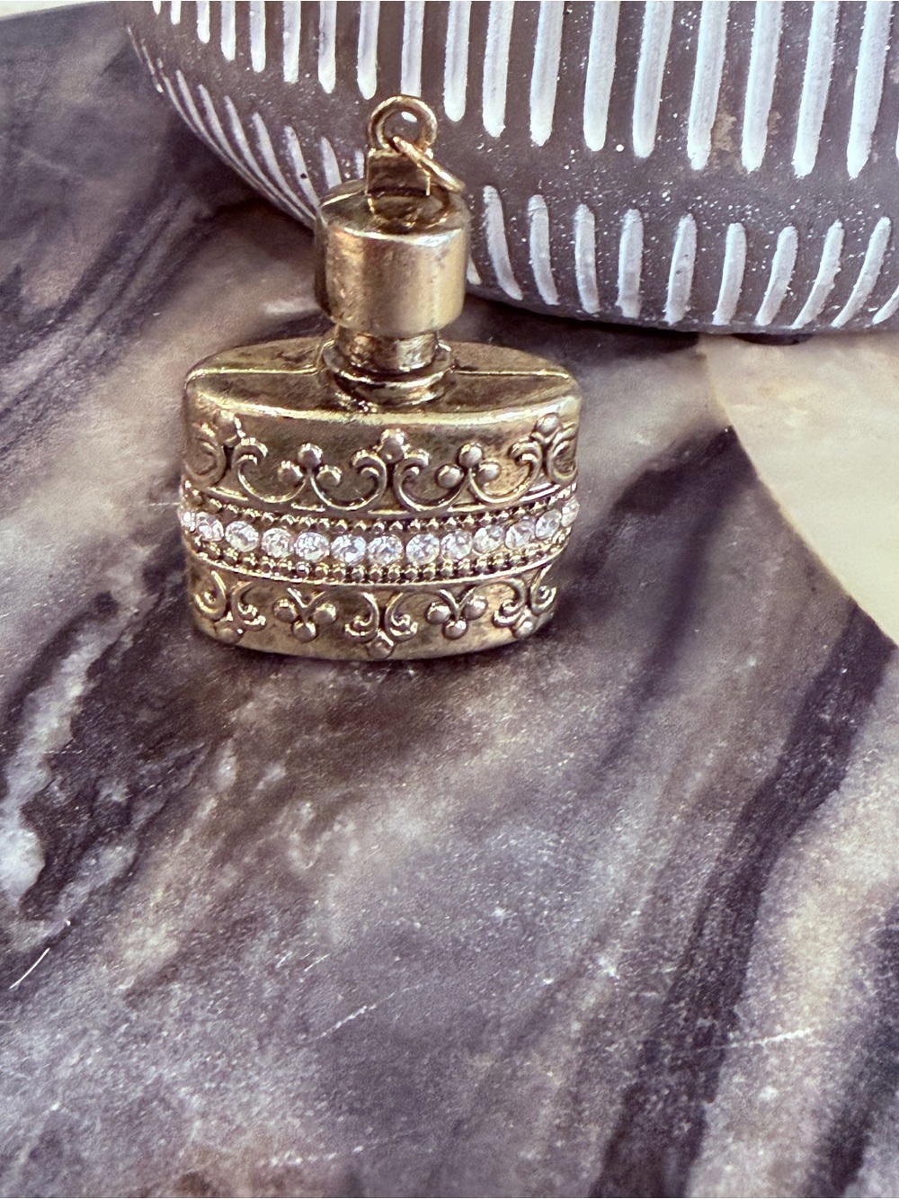 Vintage Ornate Gold-Tone Perfume Bottle Pendant with Rhinestones